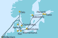Visitando Rotterdam (Holanda), Oslo (Noruega), Aarhus (Dinamarca), Warnemunde (Alemania), Tallin (Estonia), Helsinki (Finlandia), Estocolmo (Suecia), Estocolmo (Suecia), Bornholm (Dinamarca), Kiel (Alemania), Copenhague (Dinamarca), Rotterdam (Holanda)