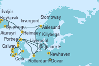 Visitando Dover (Inglaterra), Rotterdam (Holanda), Stornoway (Isla de Lewis/Escocia), Killybegs (Irlanda), Galway (Irlanda), Cork (Irlanda), Dunmore East (Irlanda), Liverpool (Reino Unido), Portree (Reino Unido), Invergordon (Escocia), Newhaven (Reino Unido), Newhaven (Reino Unido), Dover (Inglaterra), Rotterdam (Holanda), Aalesund (Noruega), Djupivogur (Islandia), Akureyri (Islandia), Ísafjörður (Islandia), Reykjavik (Islandia), Heimaey (Islas Westmann/Islandia), Stornoway (Isla de Lewis/Escocia), Portree (Reino Unido), Dover (Inglaterra)