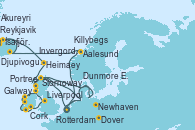 Visitando Rotterdam (Holanda), Stornoway (Isla de Lewis/Escocia), Killybegs (Irlanda), Galway (Irlanda), Cork (Irlanda), Dunmore East (Irlanda), Liverpool (Reino Unido), Portree (Reino Unido), Invergordon (Escocia), Newhaven (Reino Unido), Newhaven (Reino Unido), Dover (Inglaterra), Rotterdam (Holanda), Aalesund (Noruega), Djupivogur (Islandia), Akureyri (Islandia), Ísafjörður (Islandia), Reykjavik (Islandia), Heimaey (Islas Westmann/Islandia), Stornoway (Isla de Lewis/Escocia), Portree (Reino Unido), Dover (Inglaterra), Rotterdam (Holanda)