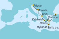 Visitando Atenas (Grecia), Bahía de Souda (Grecia), Mykonos (Grecia), Estambul (Turquía), Katakolon (Olimpia/Grecia), Corfú (Grecia), Korcula, Croatia, Trieste (Italia)