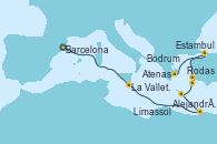 Visitando Barcelona, La Valletta (Malta), Alejandría (Egipto), Alejandría (Egipto), Limassol (Chipre), Rodas (Grecia), Bodrum (Turquia), Estambul (Turquía), Estambul (Turquía), Atenas (Grecia)