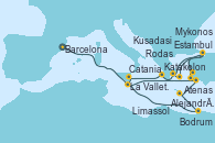 Visitando Barcelona, La Valletta (Malta), Alejandría (Egipto), Alejandría (Egipto), Limassol (Chipre), Rodas (Grecia), Bodrum (Turquia), Estambul (Turquía), Estambul (Turquía), Atenas (Grecia), Katakolon (Olimpia/Grecia), Catania (Sicilia), La Valletta (Malta), La Valletta (Malta), Rodas (Grecia), Kusadasi (Efeso/Turquía), Estambul (Turquía), Estambul (Turquía), Mykonos (Grecia), Atenas (Grecia)