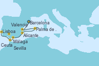 Visitando Barcelona, Valencia, Palma de Mallorca (España), Alicante (España), Motril (Granada/Andalucía), Málaga, Ceuta (España), Sevilla (España), Sevilla (España), Sevilla (España), Lisboa (Portugal)