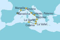 Visitando Barcelona, Marsella (Francia), Savona (Italia), Civitavecchia (Roma), Nápoles (Italia), Palermo (Italia), La Goulette (Tunez), La Valletta (Malta), Catania (Sicilia)