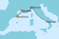 Visitando Génova (Italia), Barcelona, Marsella (Francia), Génova (Italia), Nápoles (Italia)