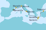 Visitando Barcelona, Marsella (Francia), Génova (Italia), Nápoles (Italia), Heraklion (Creta), Santorini (Grecia), Estambul (Turquía)