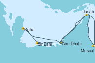 Visitando Abu Dhabi (Emiratos Árabes Unidos), Doha (Catar), Sir Bani Yas Is (Emiratos Árabes Unidos), Abu Dhabi (Emiratos Árabes Unidos), Muscat (Omán), Jasab (Omán), Abu Dhabi (Emiratos Árabes Unidos)