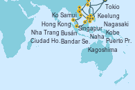 Visitando Tokio (Japón), Kobe (Japón), Nagasaki (Japón), Busán (Corea del Sur), Hong Kong (China), Nha Trang (Vietnam), Ciudad Ho Chi Minh (Vietnam), Ko Samui (Tailandia), Singapur, Bandar Seri Begawan (Brunei), Bandar Seri Begawan (Brunei), Puerto Princesa Palawan (Filipinas), Hong Kong (China), Keelung (Taiwán), Naha (Japón), Kagoshima (Japón), Tokio (Japón)