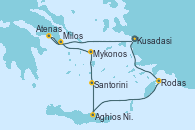 Visitando Kusadasi (Efeso/Turquía), Rodas (Grecia), Aghios Nikolaos (Grecia), Santorini (Grecia), Mykonos (Grecia), Mykonos (Grecia), Milos (Grecia), Atenas (Grecia), Kusadasi (Efeso/Turquía)