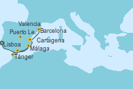 Visitando Lisboa (Portugal), Puerto Leixões (Portugal), Tánger (Marruecos), Málaga, Cartagena (Murcia), Valencia, Barcelona