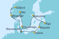 Visitando Warnemunde (Alemania), Stavanger (Noruega), Eidfjord (Hardangerfjord/Noruega), Oslo (Noruega), Copenhague (Dinamarca), Warnemunde (Alemania), Gdynia (Polonia), Klaipeda (Lituania), Riga (Letonia), Estocolmo (Suecia), Copenhague (Dinamarca), Warnemunde (Alemania)