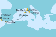 Visitando Lisboa (Portugal), Portimao (Portugal), Gibraltar (Inglaterra), Bonifacio (Córcega/Francia), Livorno, Pisa y Florencia (Italia), Portoferraio (Italia), Civitavecchia (Roma)