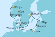 Visitando Copenhague (Dinamarca), Warnemunde (Alemania), Stavanger (Noruega), Eidfjord (Hardangerfjord/Noruega), Oslo (Noruega), Copenhague (Dinamarca), Warnemunde (Alemania), Gdynia (Polonia), Klaipeda (Lituania), Riga (Letonia), Estocolmo (Suecia), Copenhague (Dinamarca)