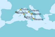 Visitando Barcelona, Toulon (Francia), Alghero (Cerdeña), Messina (Sicilia), Nápoles (Italia), Civitavecchia (Roma)