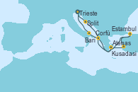 Visitando Trieste (Italia), Split (Croacia), Atenas (Grecia), Kusadasi (Efeso/Turquía), Estambul (Turquía), Corfú (Grecia), Bari (Italia), Trieste (Italia)