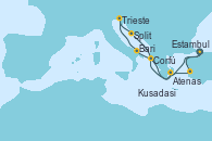 Visitando Estambul (Turquía), Corfú (Grecia), Bari (Italia), Trieste (Italia), Split (Croacia), Atenas (Grecia), Kusadasi (Efeso/Turquía), Estambul (Turquía)