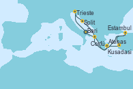 Visitando Bari (Italia), Trieste (Italia), Split (Croacia), Atenas (Grecia), Kusadasi (Efeso/Turquía), Estambul (Turquía), Corfú (Grecia), Bari (Italia)