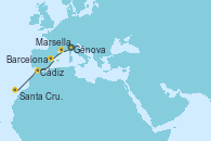 Visitando Génova (Italia), Marsella (Francia), Barcelona, Cádiz (España), Santa Cruz de Tenerife (España)