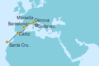 Visitando Civitavecchia (Roma), Génova (Italia), Marsella (Francia), Barcelona, Cádiz (España), Santa Cruz de Tenerife (España)
