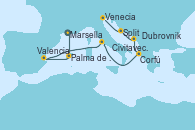 Visitando Marsella (Francia), Palma de Mallorca (España), Valencia, Civitavecchia (Roma), Corfú (Grecia), Dubrovnik (Croacia), Split (Croacia), Venecia (Italia)