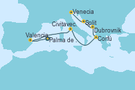 Visitando Palma de Mallorca (España), Valencia, Civitavecchia (Roma), Corfú (Grecia), Dubrovnik (Croacia), Split (Croacia), Venecia (Italia)