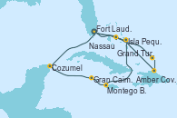 Visitando Fort Lauderdale (Florida/EEUU), Cozumel (México), Gran Caimán (Islas Caimán), Montego Bay (Jamaica), Isla Pequeña (San Salvador/Bahamas), Fort Lauderdale (Florida/EEUU), Nassau (Bahamas), Grand Turks(Turks & Caicos), Amber Cove (República Dominicana), Isla Pequeña (San Salvador/Bahamas), Fort Lauderdale (Florida/EEUU)