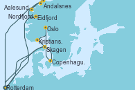 Visitando Rotterdam (Holanda), Eidfjord (Hardangerfjord/Noruega), Andalsnes (Noruega), Nordfjordeid, Aalesund (Noruega), Rotterdam (Holanda), Copenhague (Dinamarca), Oslo (Noruega), Kristiansand (Noruega), Skagen (Dinamarca), Rotterdam (Holanda)