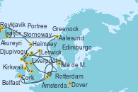 Visitando Rotterdam (Holanda), Aalesund (Noruega), Djupivogur (Islandia), Akureyri (Islandia), Ísafjörður (Islandia), Reykjavik (Islandia), Heimaey (Islas Westmann/Islandia), Stornoway (Isla de Lewis/Escocia), Portree (Reino Unido), Dover (Inglaterra), Rotterdam (Holanda), Edimburgo (Escocia), Lerwick (Escocia), Kirkwall (Escocia), Stornoway (Isla de Lewis/Escocia), Belfast (Irlanda), Liverpool (Reino Unido), Greenock (Escocia), Isla de Mann (Reino Unido), Cork (Irlanda), Dover (Inglaterra), Ámsterdam (Holanda)