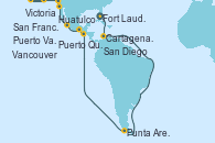 Visitando Fort Lauderdale (Florida/EEUU), Cartagena de Indias (Colombia), Punta Arenas (Chile), Puerto Quetzal (Guatemala), Huatulco (México), Puerto Vallarta (México), San Diego (California/EEUU), San Francisco (California/EEUU), Victoria (Canadá), Vancouver (Canadá)