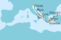 Visitando Split (Croacia), Atenas (Grecia), Kusadasi (Efeso/Turquía), Estambul (Turquía), Corfú (Grecia), Bari (Italia), Trieste (Italia)