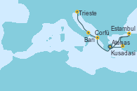 Visitando Atenas (Grecia), Kusadasi (Efeso/Turquía), Estambul (Turquía), Corfú (Grecia), Bari (Italia), Trieste (Italia)