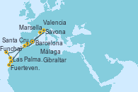 Visitando Barcelona, Marsella (Francia), Savona (Italia), Málaga, Fuerteventura (Canarias/España), Las Palmas de Gran Canaria (España), Santa Cruz de la Palma (España), Funchal (Madeira), Gibraltar (Inglaterra), Valencia, Barcelona