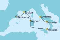 Visitando Barcelona, Toulon (Francia), Alghero (Cerdeña), Messina (Sicilia), Nápoles (Italia), Civitavecchia (Roma)