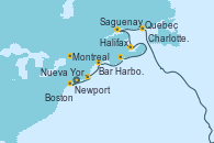 Visitando Nueva York (Estados Unidos), Newport (Rhode Island), Boston (Massachusetts), Bar Harbor (Maine), Halifax (Canadá), Charlottetown (Canadá), Saguenay (Canadá), Quebec (Canadá), Quebec (Canadá), Montreal (Canadá)