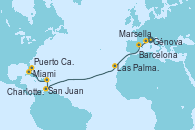 Visitando Génova (Italia), Marsella (Francia), Barcelona, Las Palmas de Gran Canaria (España), San Juan (Puerto Rico), Charlotte Amalie (St. Thomas), Miami (Florida/EEUU), Puerto Cañaveral (Florida)