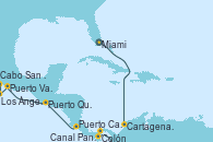 Visitando Miami (Florida/EEUU), Cartagena de Indias (Colombia), Colón (Panamá), Canal Panamá, Puerto Caldera (Costa Rica), Puerto Quetzal (Guatemala), Puerto Vallarta (México), Cabo San Lucas (México), Los Ángeles (California)