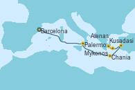 Visitando Barcelona, Palermo (Italia), Chania (Creta/Grecia), Kusadasi (Efeso/Turquía), Mykonos (Grecia), Atenas (Grecia)