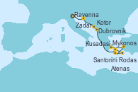 Visitando Ravenna (Italia), Zadar (Croacia), Dubrovnik (Croacia), Kotor (Montenegro), Mykonos (Grecia), Rodas (Grecia), Santorini (Grecia), Kusadasi (Efeso/Turquía), Atenas (Grecia)