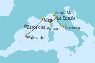 Visitando Barcelona, Palma de Mallorca (España), Niza (Francia), Ajaccio (Córcega), La Spezia, Florencia y Pisa (Italia), Santa Margarita (Italia), Civitavecchia (Roma)