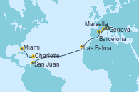 Visitando Génova (Italia), Marsella (Francia), Barcelona, Las Palmas de Gran Canaria (España), San Juan (Puerto Rico), Charlotte Amalie (St. Thomas), Miami (Florida/EEUU)