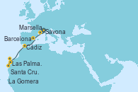 Visitando Savona (Italia), Marsella (Francia), Barcelona, Cádiz (España), Las Palmas de Gran Canaria (España), La Gomera (Islas Canarias/España), Santa Cruz de la Palma (España), Santa Cruz de Tenerife (España)