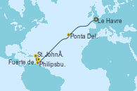 Visitando Le Havre (Francia), Ponta Delgada (Azores), Philipsburg (St. Maarten), St. John´s (Antigua y Barbuda), Fuerte de France (Martinica)