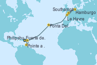 Visitando Fuerte de France (Martinica), Pointe a Pitre (Guadalupe), Philipsburg (St. Maarten), Ponta Delgada (Azores), Hamburgo (Alemania), Le Havre (Francia), Southampton (Inglaterra)