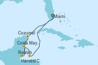 Visitando Miami (Florida/EEUU), Cozumel (México), Harvest Caye (Belize), Costa Maya (México), Roatán (Honduras), Miami (Florida/EEUU)