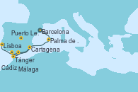 Visitando Barcelona, Palma de Mallorca (España), Cartagena (Murcia), Málaga, Cádiz (España), Tánger (Marruecos), Puerto Leixões (Portugal), Lisboa (Portugal)