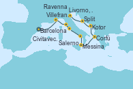 Visitando Barcelona, Villefranche (Niza/Mónaco/Francia), Livorno, Pisa y Florencia (Italia), Civitavecchia (Roma), Salerno (Italia), Messina (Sicilia), Corfú (Grecia), Kotor (Montenegro), Split (Croacia), Ravenna (Italia)