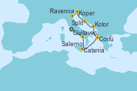 Visitando Civitavecchia (Roma), Salerno (Italia), Catania (Sicilia), Corfú (Grecia), Kotor (Montenegro), Split (Croacia), Koper (Eslovenia), Ravenna (Italia)