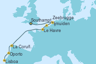 Visitando Southampton (Inglaterra), Ijmuiden (Ámsterdam), Zeebrugge (Bruselas), Le Havre (Francia), La Coruña (Galicia/España), Oporto (Portugal), Lisboa (Portugal)