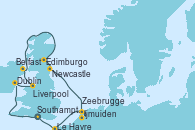 Visitando Southampton (Inglaterra), Dublin (Irlanda), Liverpool (Reino Unido), Belfast (Irlanda), Edimburgo (Escocia), Newcastle (Reino Unido), Ijmuiden (Ámsterdam), Zeebrugge (Bruselas), Le Havre (Francia), Southampton (Inglaterra)