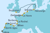 Visitando Lisboa (Portugal), Oporto (Portugal), La Coruña (Galicia/España), Gijón (Asturias/España), Bilbao (España), Burdeos (Francia), La Rochelle (Francia), Le Havre (Francia), Zeebrugge (Bruselas), Ijmuiden (Ámsterdam), Hamburgo (Alemania), Hamburgo (Alemania), Southampton (Inglaterra)